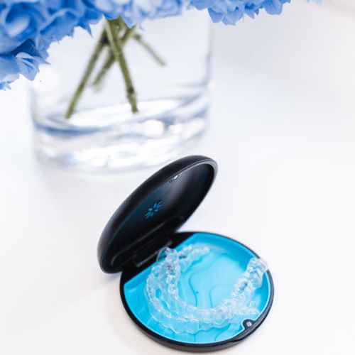 An Invisalign case sitting next to a beautiful vase of blue flowers.